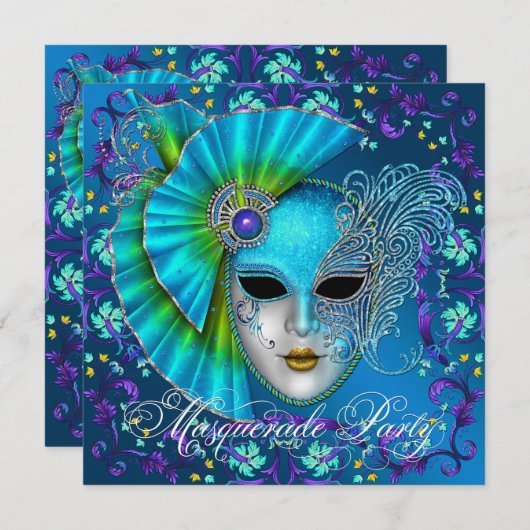 Blauwgroen Blue Masquerade Party Uitnodigingen (Voorkant / Achterkant)