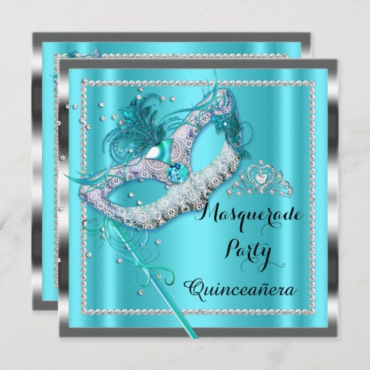 Blauwgroen Blue Masquerade Quinceanera Party Maske Kaart (Voorkant / Achterkant)