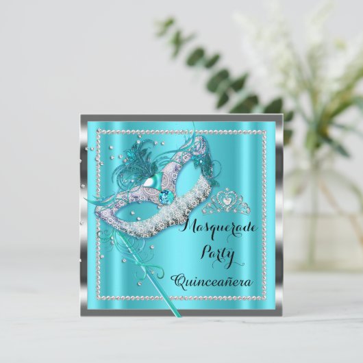 Blauwgroen Blue Masquerade Quinceanera Party Maske Kaart (Staand voorkant)