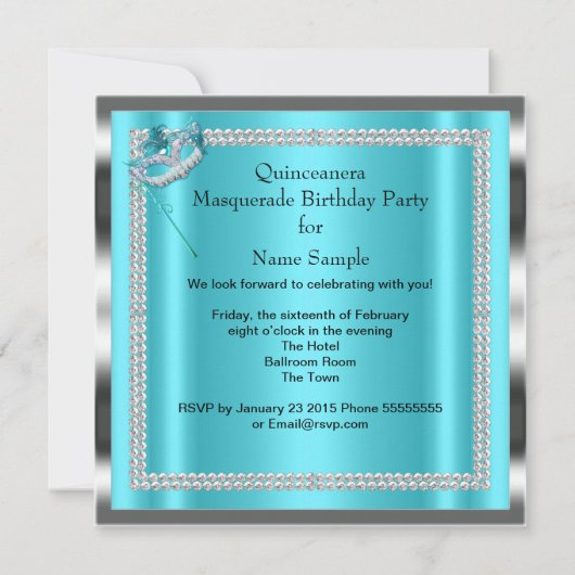 Blauwgroen Blue Masquerade Quinceanera Party Maske Kaart (Achterkant)