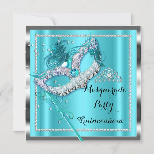 Blauwgroen Blue Masquerade Quinceanera Party Maske Kaart (Voorkant)