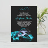 Blauwgroen Blue Masquerade Quinceanera Uitnodiging (Staand voorkant)