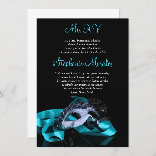 Blauwgroen Blue Masquerade Quinceanera Uitnodiging (Voorkant / Achterkant)