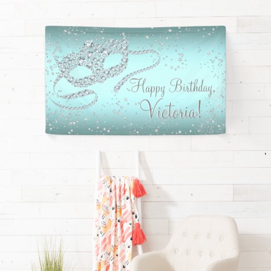 Blauwgroen Blue Masquerade Verjaardagsfeest Spandoek (Insitu)