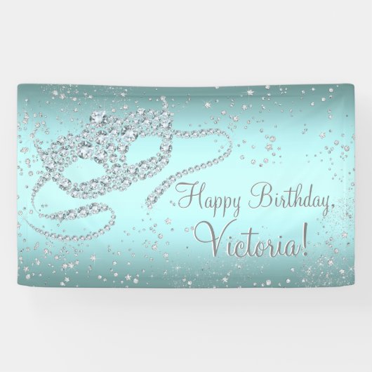 Blauwgroen Blue Masquerade Verjaardagsfeest Spandoek (Horizontaal)