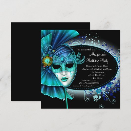 Blauwgroen Blue Midnight Masquerade Party Kaart (Voorkant / Achterkant)