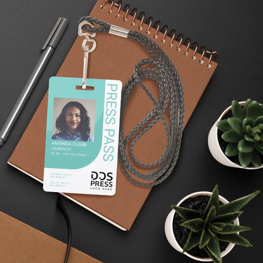 Blauwgroen Blue Modern & Minimal Press Pass Photo- Badge
