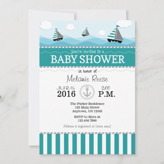 Blauwgroen Blue Nautical Baby shower Invitation Kaart (Voorkant)