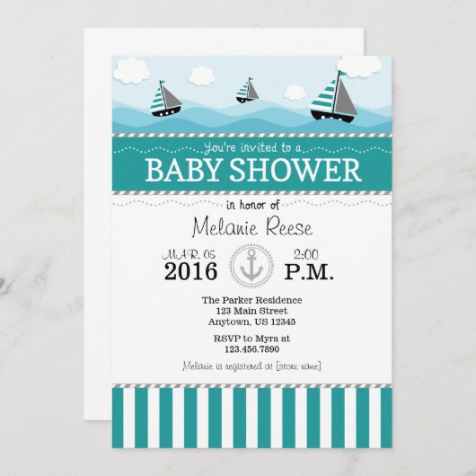 Blauwgroen Blue Nautical Baby shower Invitation Kaart (Voorkant / Achterkant)