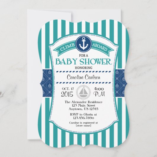 Blauwgroen Blue Nautical Baby shower Invitation Kaart (Voorkant)