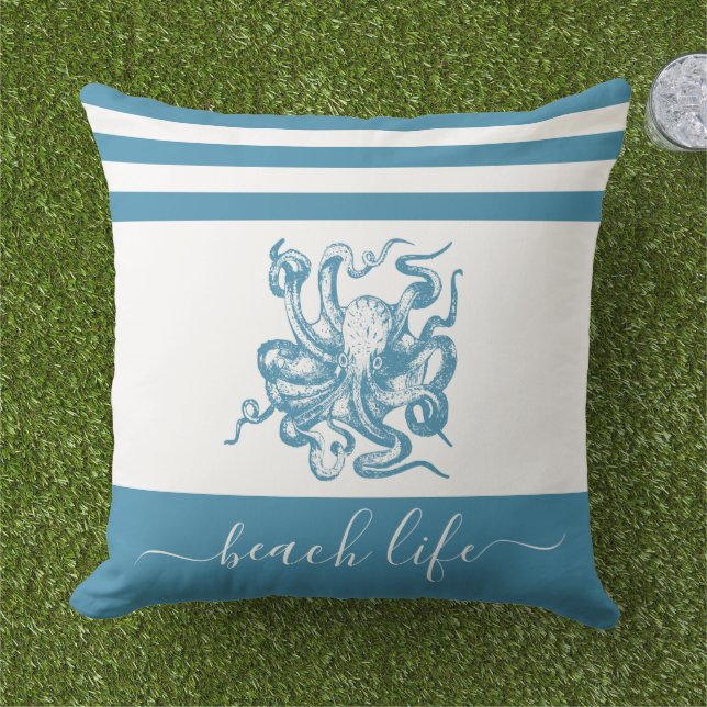 Blauwgroen Blue Octopus Beach Life Script Eenvoudi Buitenkussen (Gras)