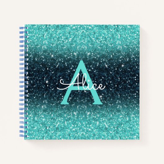 Blauwgroen Blue Ombre Glitter en Monogram Recipe Notitieboek (Voorkant)
