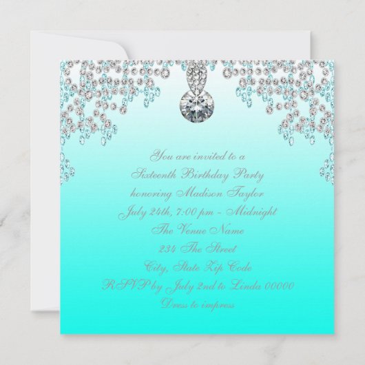 Blauwgroen Blue Ombre Sweet 16 Party Kaart (Achterkant)