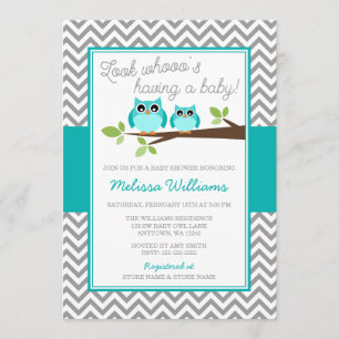 Blauwgroen Blue Owl Gray Chevron Boy Baby shower Kaart