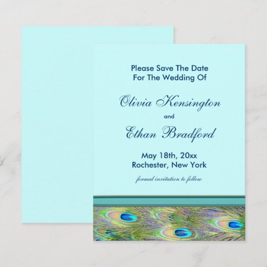 Blauwgroen Blue Peacock huwelijksuitnodigingen Save The Date (Voorkant / Achterkant)