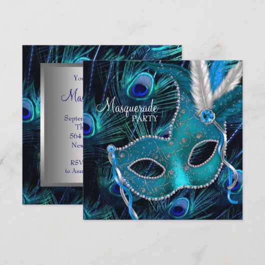 Blauwgroen Blue Peacock Mask Masquerade Party Kaart (Voorkant / Achterkant)
