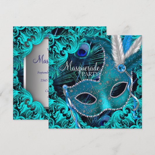 Blauwgroen Blue Peacock Mask Masquerade Party Kaart (Voorkant / Achterkant)