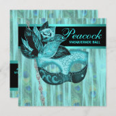 Blauwgroen Blue Peacock Masquerade Party Kaart (Voorkant / Achterkant)
