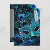 Blauwgroen Blue Peacock Masquerade Party RSVP (Voorkant / Achterkant)