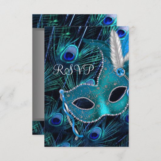 Blauwgroen Blue Peacock Masquerade Party RSVP (Voorkant / Achterkant)