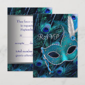 Blauwgroen Blue Peacock Masquerade Party RSVP Kaartje (Voorkant / Achterkant)