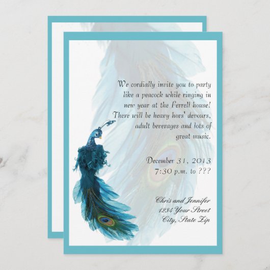 Blauwgroen Blue Peacock Plume New Years Eva Kaart (Voorkant / Achterkant)