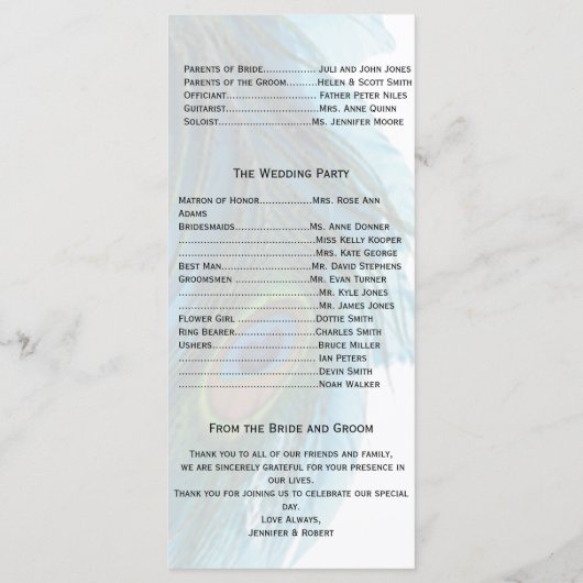 Blauwgroen Blue Peacock Plume Wedding Programma Programmakaart (Achterkant)