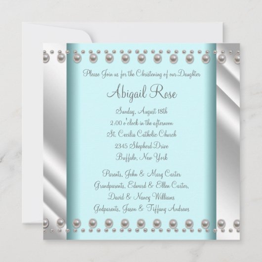 Blauwgroen Blue Pearl Cross Baby doop doop doopsel Kaart (Achterkant)