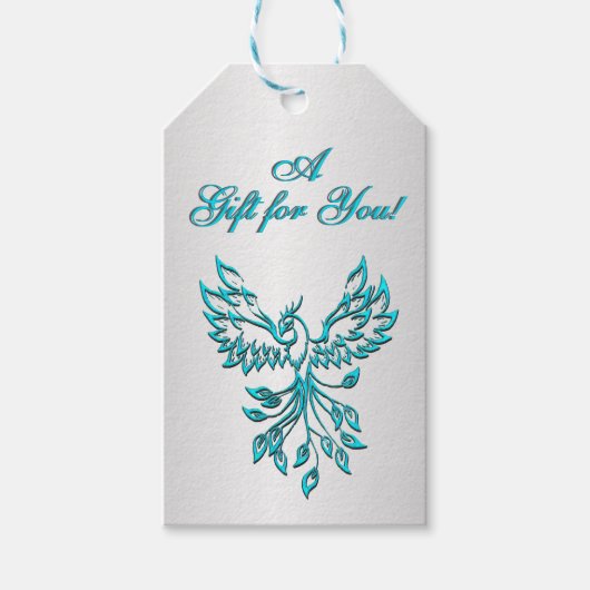 Blauwgroen Blue Phoenix met tekst op zilver Cadeaulabel (Voorkant)