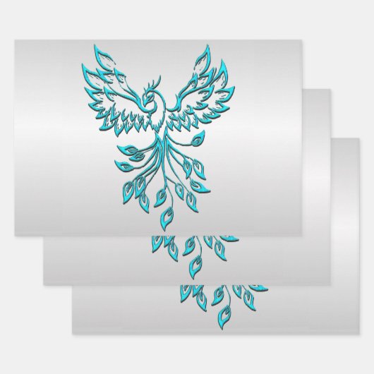 Blauwgroen Blue Phoenix op Zilver Inpakpapier Vel (Set)