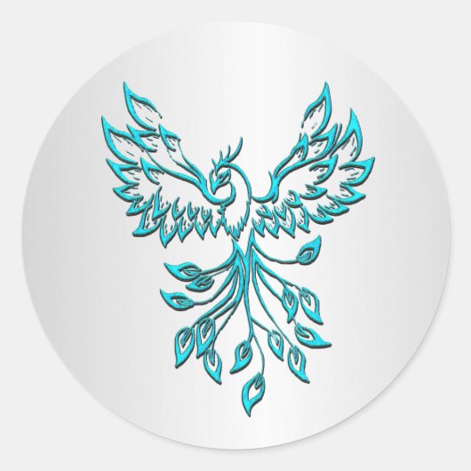 Blauwgroen Blue Phoenix op Zilver Ronde Sticker (Voorkant)
