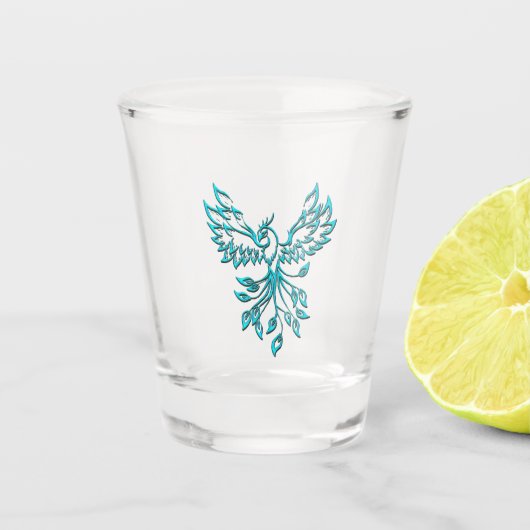 Blauwgroen Blue Phoenix stijgt op zilver Shot Glas (Voorkant)