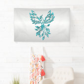 Blauwgroen Blue Phoenix stijgt op zilver Spandoek (Insitu)