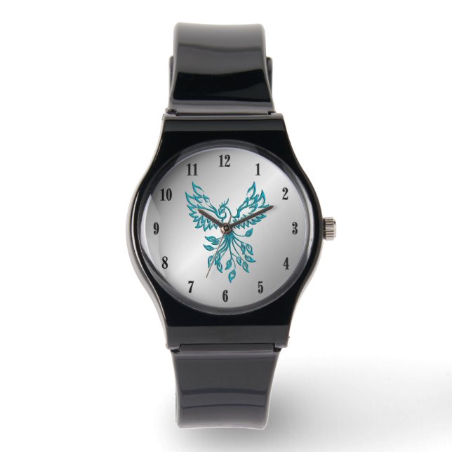 Blauwgroen Blue Phoenix stijgt op zilveren zwarte  Horloge (Voorkant)