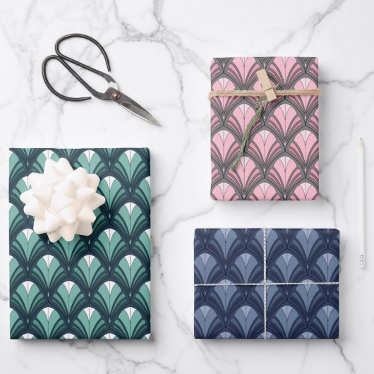 BLAUWGROEN BLUE PINK GRAY ART DECO PATTERS INPAKPAPIER VEL (Voorkant)