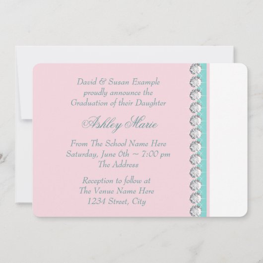 Blauwgroen Blue Pink Princess afstudeeraankondigin Kaart (Achterkant)