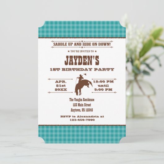 Blauwgroen Blue Pset Cowboy Rodeo Birthday Uitnodi Kaart (Staand voorkant)
