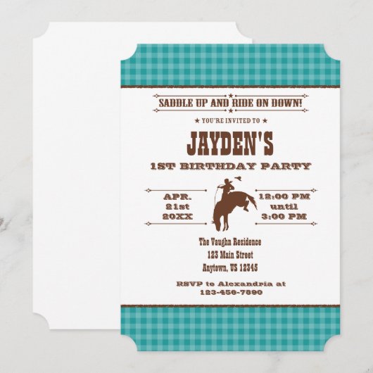 Blauwgroen Blue Pset Cowboy Rodeo Birthday Uitnodi Kaart (Voorkant / Achterkant)