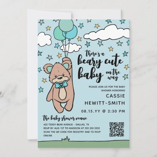 Blauwgroen Blue QR-code beary Cute Boy Baby shower Kaart (Voorkant)