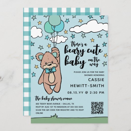 Blauwgroen Blue QR-code beary Cute Boy Baby shower Kaart (Voorkant / Achterkant)