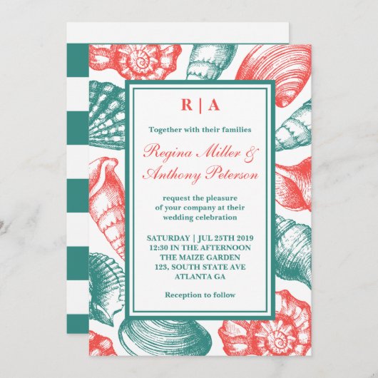 Blauwgroen Blue Red Seashells Beach Weddenschap Kaart (Voorkant / Achterkant)