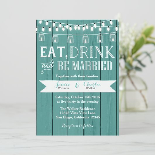 Blauwgroen Blue Rustic Wood bruiloft uitnodiging (Staand voorkant)