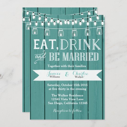 Blauwgroen Blue Rustic Wood bruiloft uitnodiging (Voorkant / Achterkant)