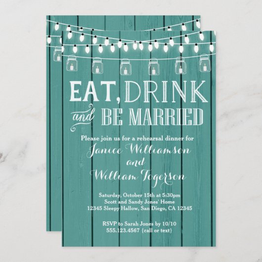 Blauwgroen Blue Rustic Wood Rehearsal Dinner Invit Kaart (Voorkant / Achterkant)