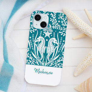 Blauwgroen Blue Seahorses gepersonaliseerd iPhone 15 Case