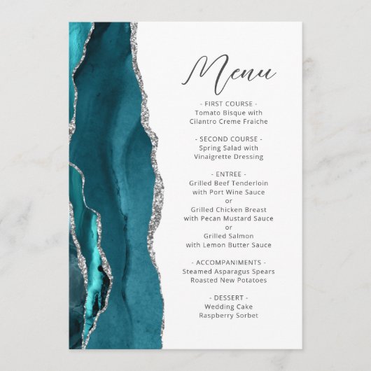 Blauwgroen Blue Silver Agate Modern Script Wedding Menu (Voorkant)
