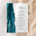 Blauwgroen Blue Silver Agate Modern Script Wedding Menu<br><div class="desc">Dit stijlvolle,  moderne huwelijksmenu heeft een blauwgroen,  blauw waterverf agaatrand,  gegarneerd met faux silver glitter. De aanpasbare tekst combineert houtskoolgrijs handschrift en schreefloze lettertypen op een witte achtergrond. Het blauwgroen en zilveren agaatontwerp wordt aan de achterzijde herhaald.</div>