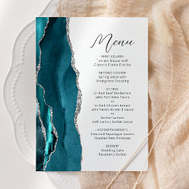 Blauwgroen Blue Silver Agate Modern Script Wedding Menu
