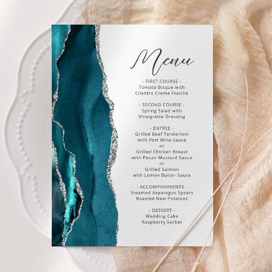 Blauwgroen Blue Silver Agate Modern Script Wedding Menu