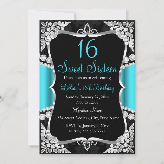 Blauwgroen Blue Silver Black Tiara Sweet 16 Uitnod Kaart (Voorkant)